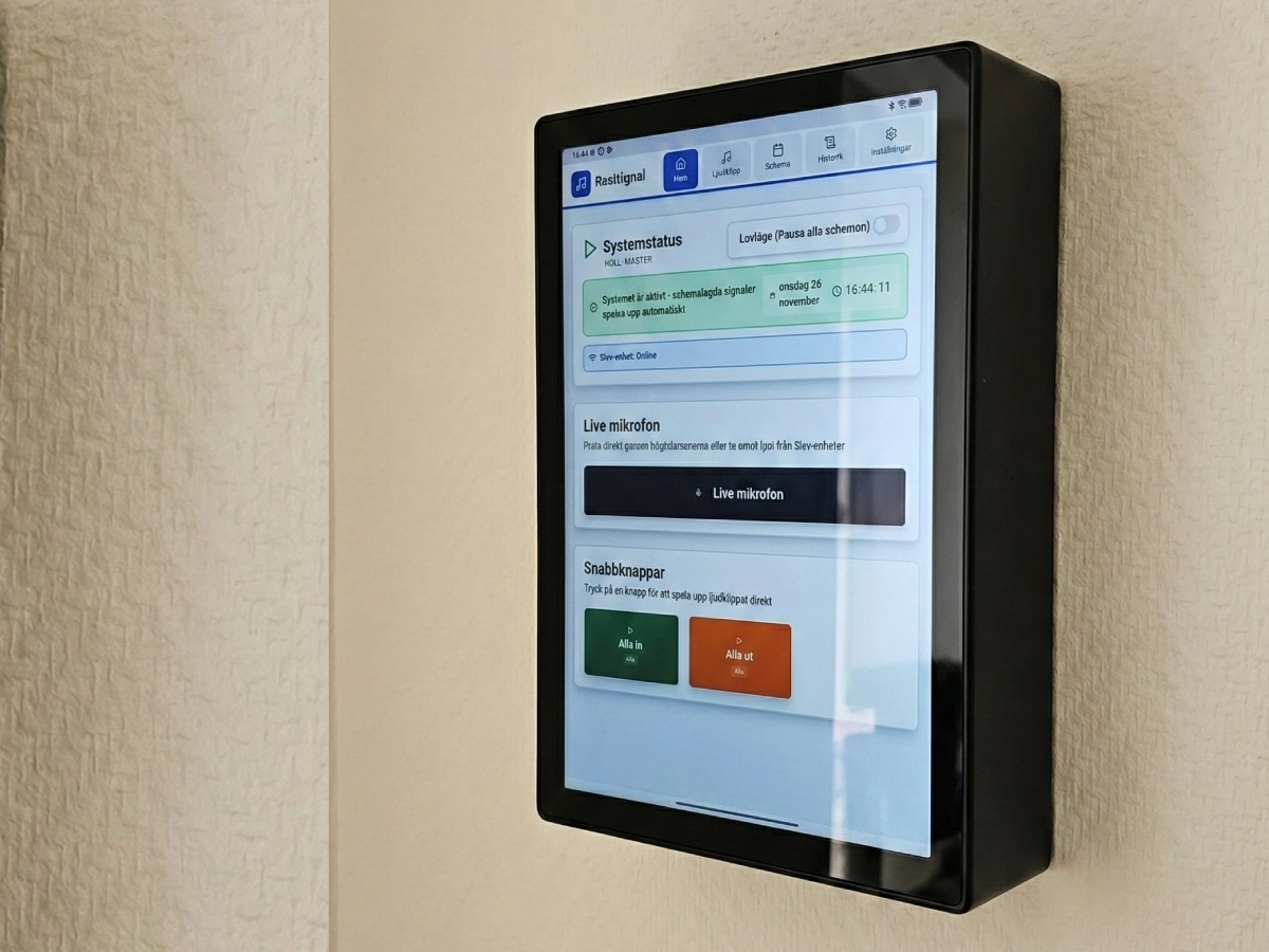 Installerade högtalare för rastsignal, skolklockor och talmeddelanden
